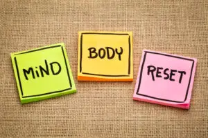 mind, body, reset on post it notes