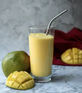 Mango Smoothie in Tall Glass next to Chopped Mango